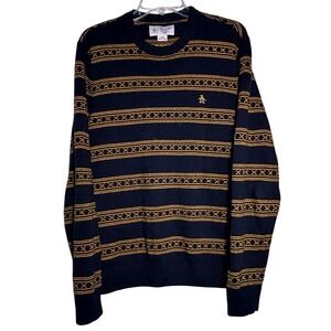 Original Penguin Men's Navy Yellow Striped Sweater‎ Crew Neck Long Sleeve Size L